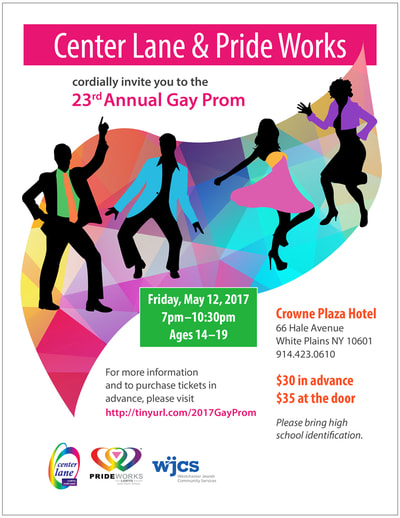 Flier for gay prom event with colorful illustrations of dancers.