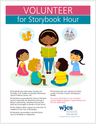 Flier encouraging volunteers to read to children. Includes a colorful illustration of a teacher reading a story book to a group of 4 children.