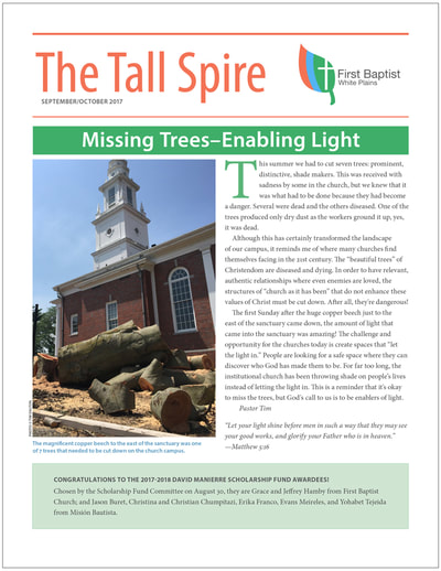 Thumbnail image of front cover of the Sept/Oct 2017 Tall Spire, a quarterly publication of First Baptist Church of White Plains.
