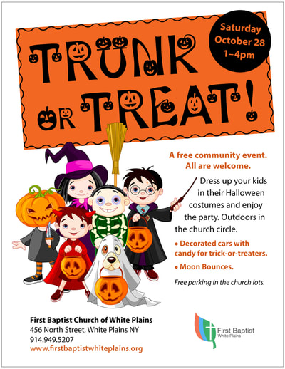 Flier for a Halloween event with decorative type and an illustration of kids in costume trick-or-treating.